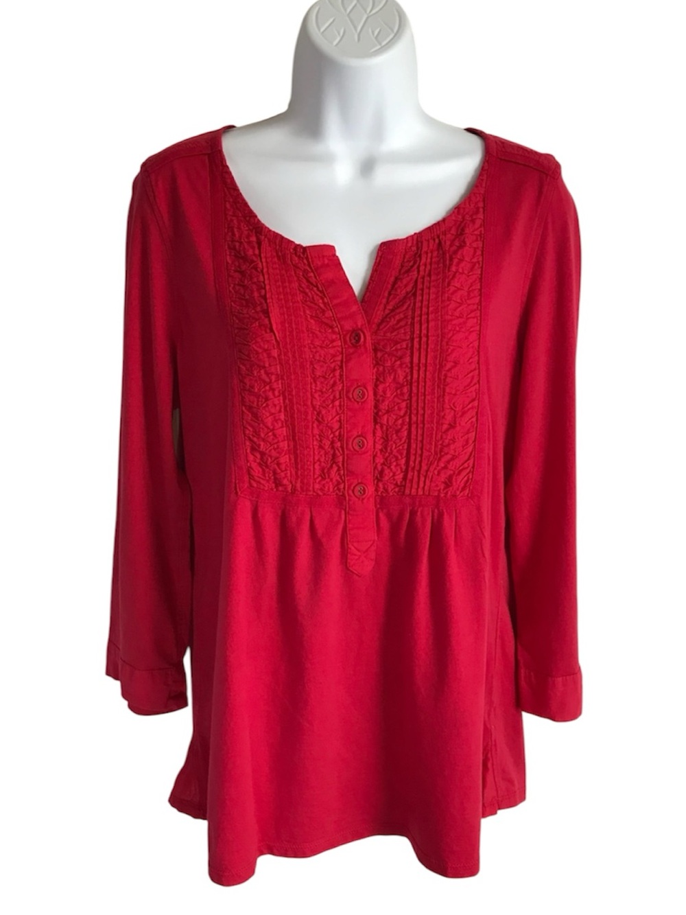 🔴 4/$15 Charter Club Women’s L Cotton Red Pintuck Button Front Tunic Top in EUC